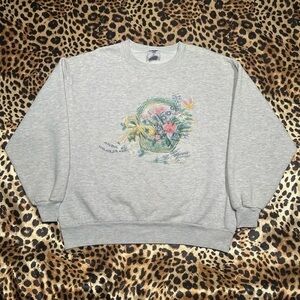 Vintage Jerzees Floral Basket Graphic Print Crewneck Sweatshirt